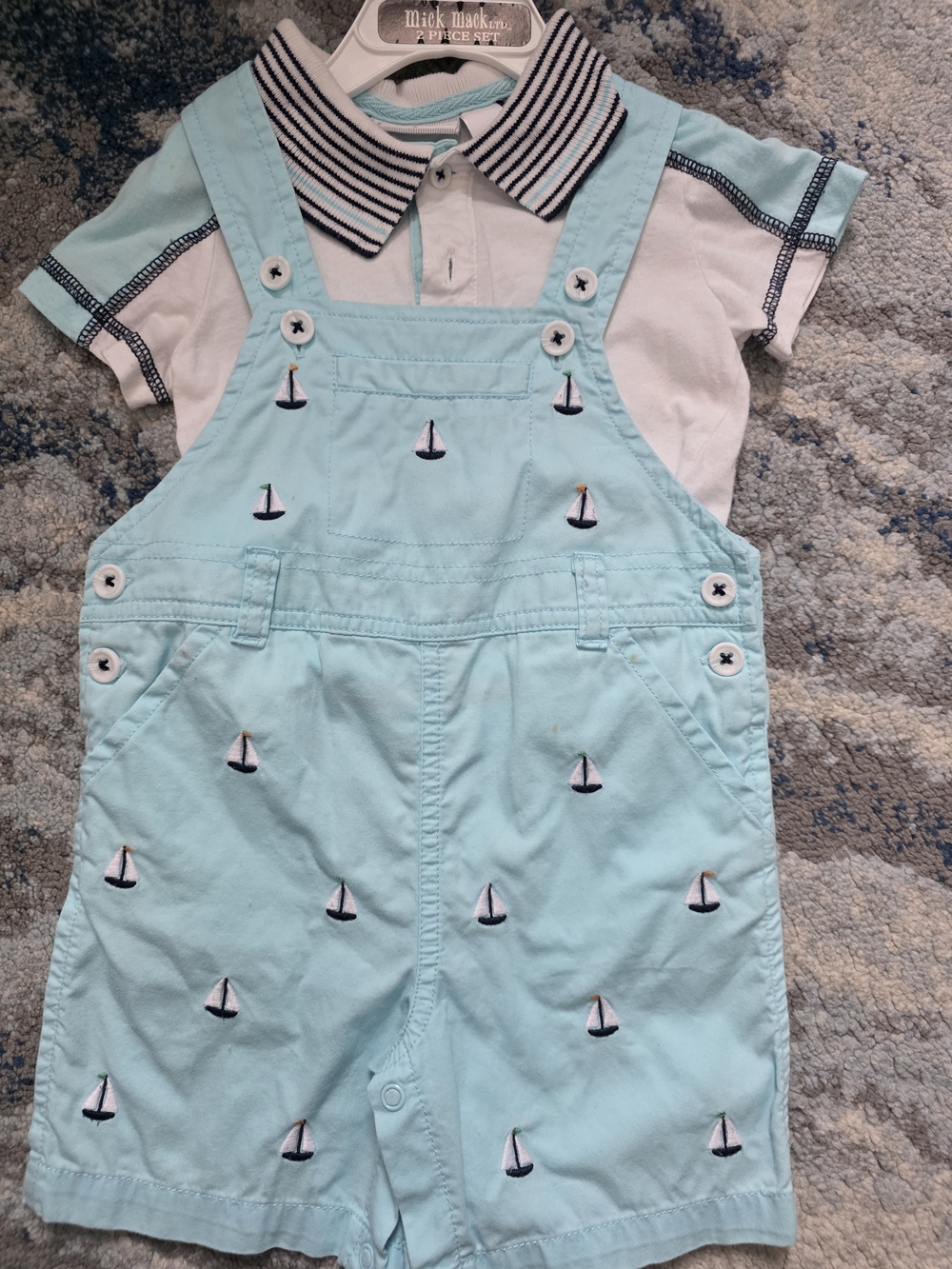 First Impressions Light Aqua Sailboat Embroidered Shortall Overalls - Kids